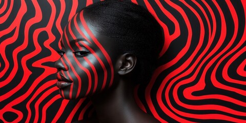Striking profile of a model with bold face paint against a vibrant abstract background in a creative art studio setting