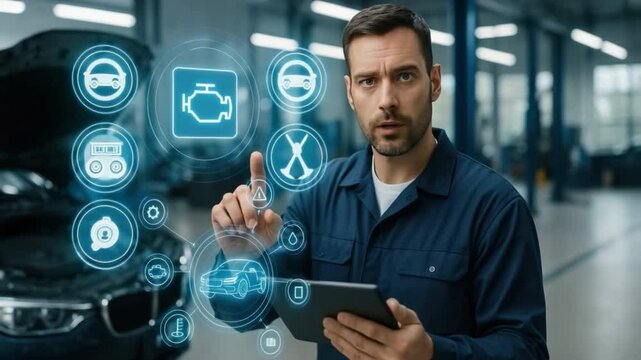 Mechanic using digital interface: A focused male mechanic uses a digital tablet to diagnose car problems, using augmented reality interface.