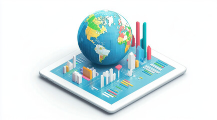 Global Data Analysis: A modern illustration of a tablet, showcasing a 3D globe and an array of statistical charts, symbolizing worldwide data analysis and technological advancement.