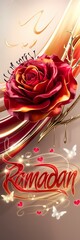 Naklejka premium Luxurious 3D Illustration of Radiant Red Rose with Glossy Orange-Tinted Petals on Golden Branch Featuring Glowing Hot Red Ramadan Text Surrounded by Shimmering Hearts and Delicate Light-Up Butterflies