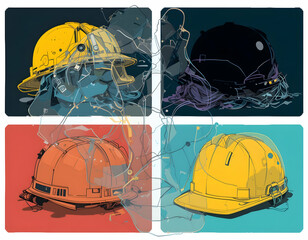 Construction Helmets in Abstract Art Style with Various Colors