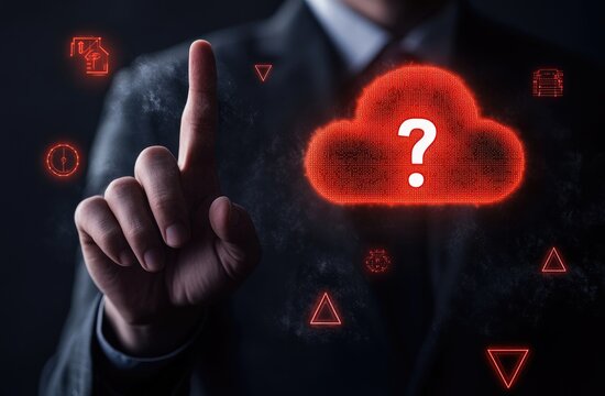 A businessman points at a red cloud with a question mark in the middle, symbolizing uncertainty or questions about cloud computing