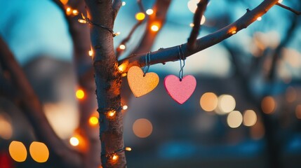 Two decorative hearts hanging from tree branches with lights