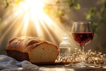 Bread and Wine Still Life with Sunshine