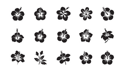 "Hibiscus Flower Silhouette Set. Tropical Floral Vector Icons for Summer, Decoration and Craft Design."