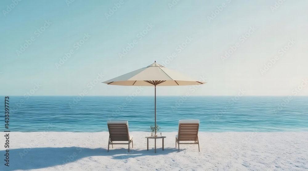 Aufkleber 穏やかなビーチの風景 青い海と白い砂浜にパラソルと椅子が配置された夏のバカンスのイメージ