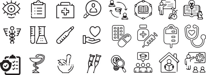 Set of 24 outline various activities of medicine, healthcare, medical diagnosis and treatment, pharmacy, online medical support vector illustration and with healthcare editable vector isolated