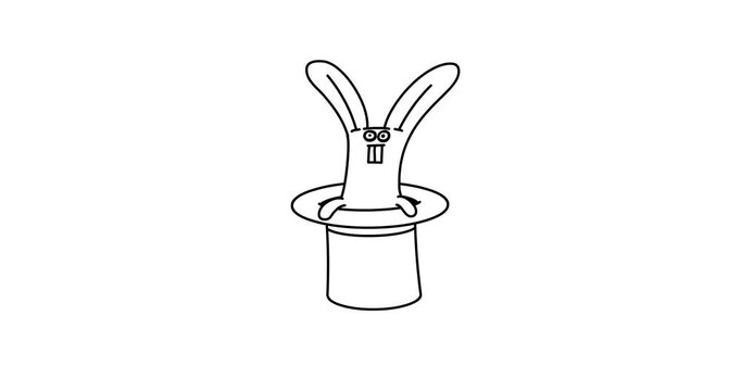 Rabbit black and white color in top hat white background. Cartoon animated magic fairy tales story or book character whiteboard style linear.