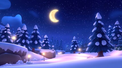Fototapeta premium A whimsical winter night scene with snow covered trees and a crescent moon