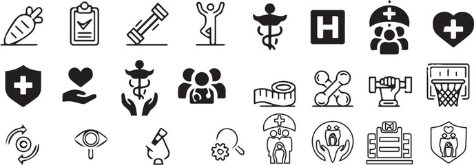 Set of 24 outline various activities of medicine, healthcare, medical diagnosis and treatment, pharmacy, online medical support vector illustration and with healthcare editable vector isolated