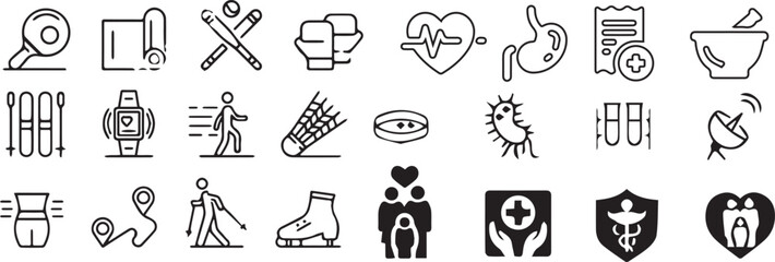 Naklejka premium Set of 24 outline various activities of medicine, healthcare, medical diagnosis and treatment, pharmacy, online medical support vector illustration and with healthcare editable vector isolated