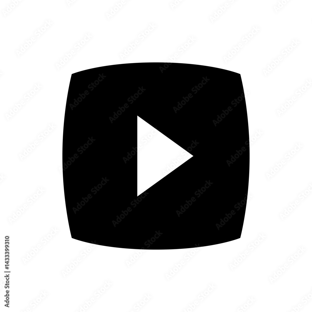 Poster black rounded rectangle containing a white play button icon centered within the shape on a white bac