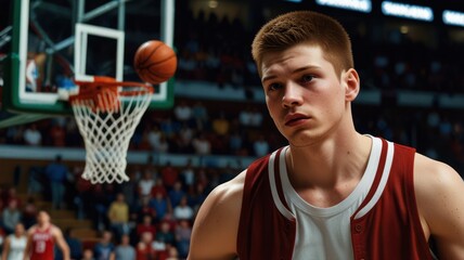 Young basketball player, game action, arena, crowd, sport