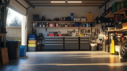 Obraz premium A well organized garage interior filled with various tools and items