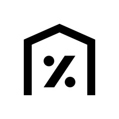 Black percentage symbol inside a house shape representing mortgage rate or real estate interest rate