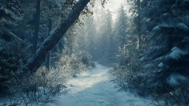 Mystical winter forest path illuminated by soft sunlight, snow covered trees and ground