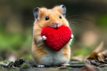 Digital ads animal concept design. Cute hamster baby with fluffy red heart on in a natural habitat. Hamster - my cherished animal. Love in the heart of the wild. Wildlife romance.