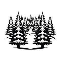 Obraz premium Dense Forest Black Pine Trees Silhouettes on a White Background