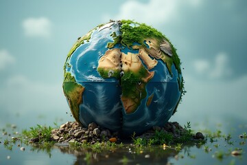 Stylized Earth Globe on Rocks with Water and Grass, Showing Africa and Europe, Illustrating Environmental Themes.                                     