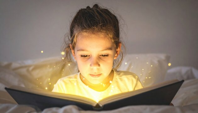 Young caucasian girl reading a magical glowing book on bed
