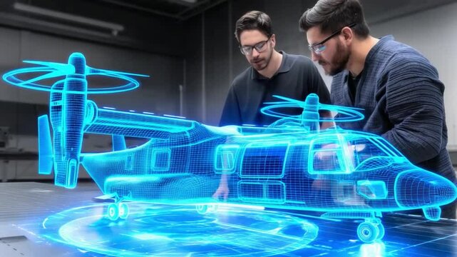 Engineers collaborate on holographic helicopter design in advanced technology lab