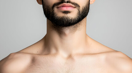Close Up Portrait Of A Bare Chested Man With A Full Dark Beard and Gray Background