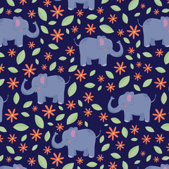 Safari animals seamless pattern with cute elephants, snail and tropical plants. Vector texture in childish style great for fabric and textile, wallpapers, backgrounds. Pastel colors.