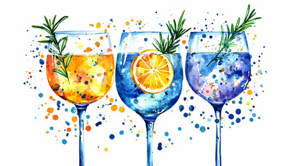 Three colorful cocktails with rosemary garnish, watercolor style, on white background, perfect for bar menus or beverage websites