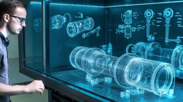 Futuristic engineer interacts with holographic model in a high-tech lab setting