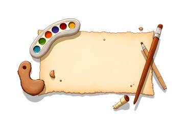 Drawing, wooden brush, paint brush, pencil, eraser, palette, watercolor, pattern.