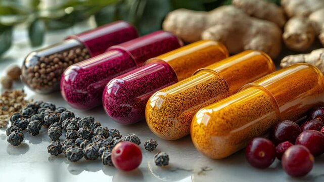 Colorful capsules filled with herbal and fruit granules lie next to black pepper, ginger roots, and berries, symbolizing natural health.