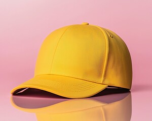 Fototapeta premium Pastel background yellow cap mockup laid flat with reflection on glossy surface premium fashion style