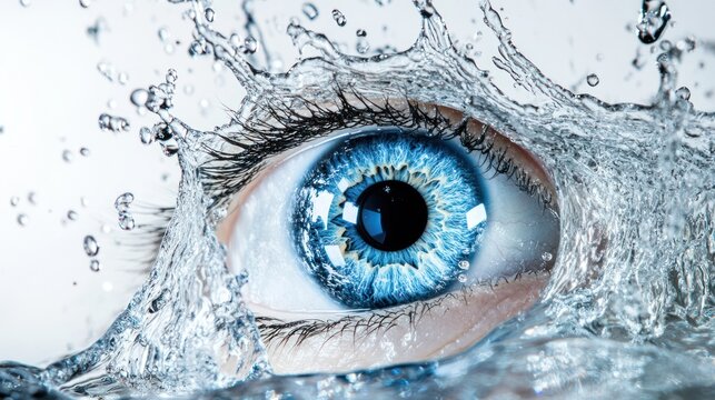 Blue eye, water splash, close-up, purity, health