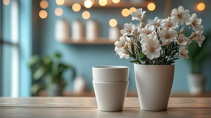 Serene White Flowers and Cups on Wooden Table