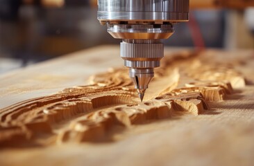 A close-up of a CNC machine carving an intricate design into a piece of wood