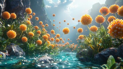 Enchanted Stream: A Fantasy Landscape of Floating Orange Blossoms
