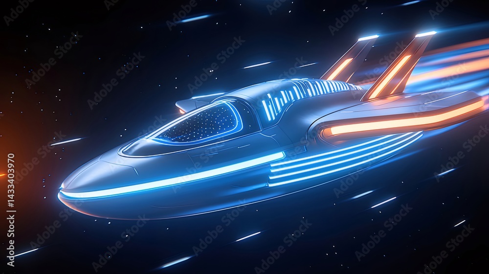 Poster 宇宙空間を高速飛行する未来的な銀色の宇宙船 鮮やかな青とオレンジのライトが輝く背景