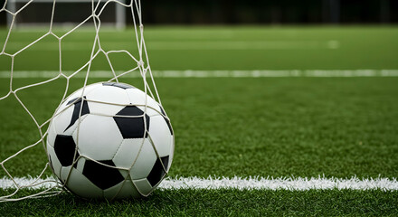 Soccer ball in goal net on green field Football game winning goal moment Sports competition victory success
