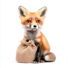 A charming fox sits beside a burlap sack, showcasing its vibrant fur and curious expression.
