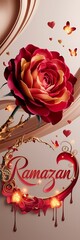 Naklejka premium Luxurious 3D Illustration of Radiant Red Rose with Glossy Orange-Tinted Petals on Golden Branch Featuring Glowing Hot Red Ramazan Text Surrounded by Shimmering Hearts and Delicate Light-Up Butterflies