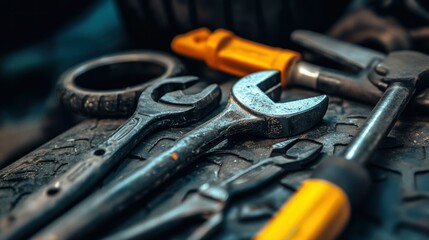 Fototapeta premium A close up photograph showing tools resting on a surface