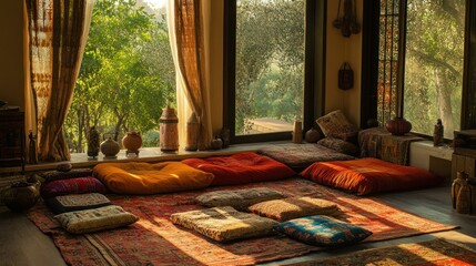 A cozy indoor seating arrangement with natural light and scenic views