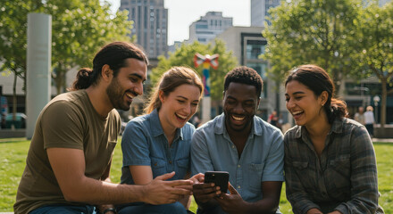 group of friends using smartphone in the city steadicam shot