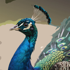 Captivating close-up of a proud and regal peacock displaying its feathers. 
