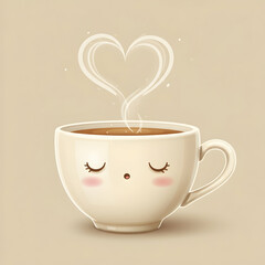 Cute cartoon coffee cup with heart shaped steam good morning breakfast warm beverage love caffeine kawaii adorable mug hot drink cozy cappuccino mocha cafe teacup illustration