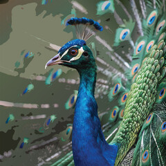 Captivating close-up of a proud and regal peacock displaying its feathers. 
