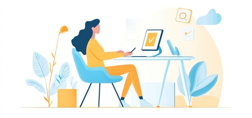 Obraz premium Woman works at desk in stylized office