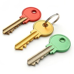 Colorful keys on a keyring showcasing red, gold, and green designs, perfect for identifying different locks and adding charm