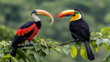 Obraz premium Two Colorful Toucans Perched On Branch In Rainforest