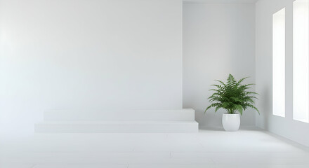 Bright empty minimalist room interior with plant in pot and large window Natural light design and architecture concept 3D render